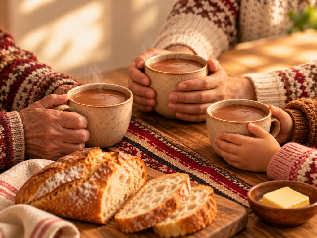 Tres generaciones compartiendo chocolate caliente con panetón en un ambiente cálido y familiar