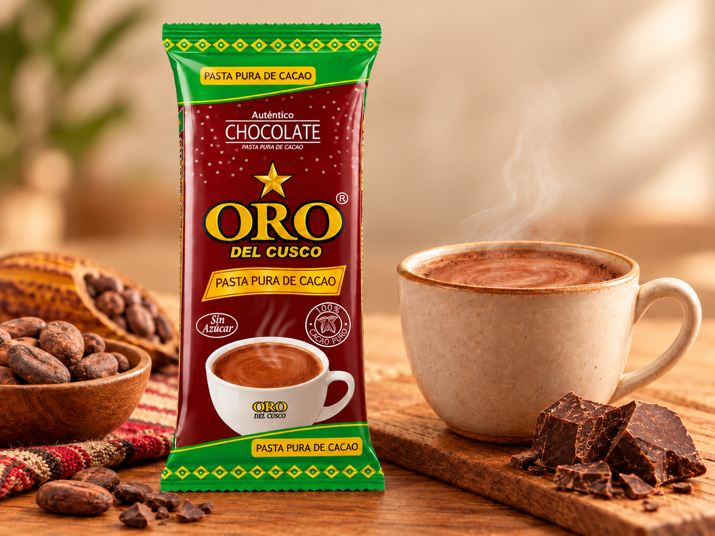 Pasta pura de cacao Oro del Cusco con taza de chocolate caliente Título: Pasta pura de cacao Oro del Cusco