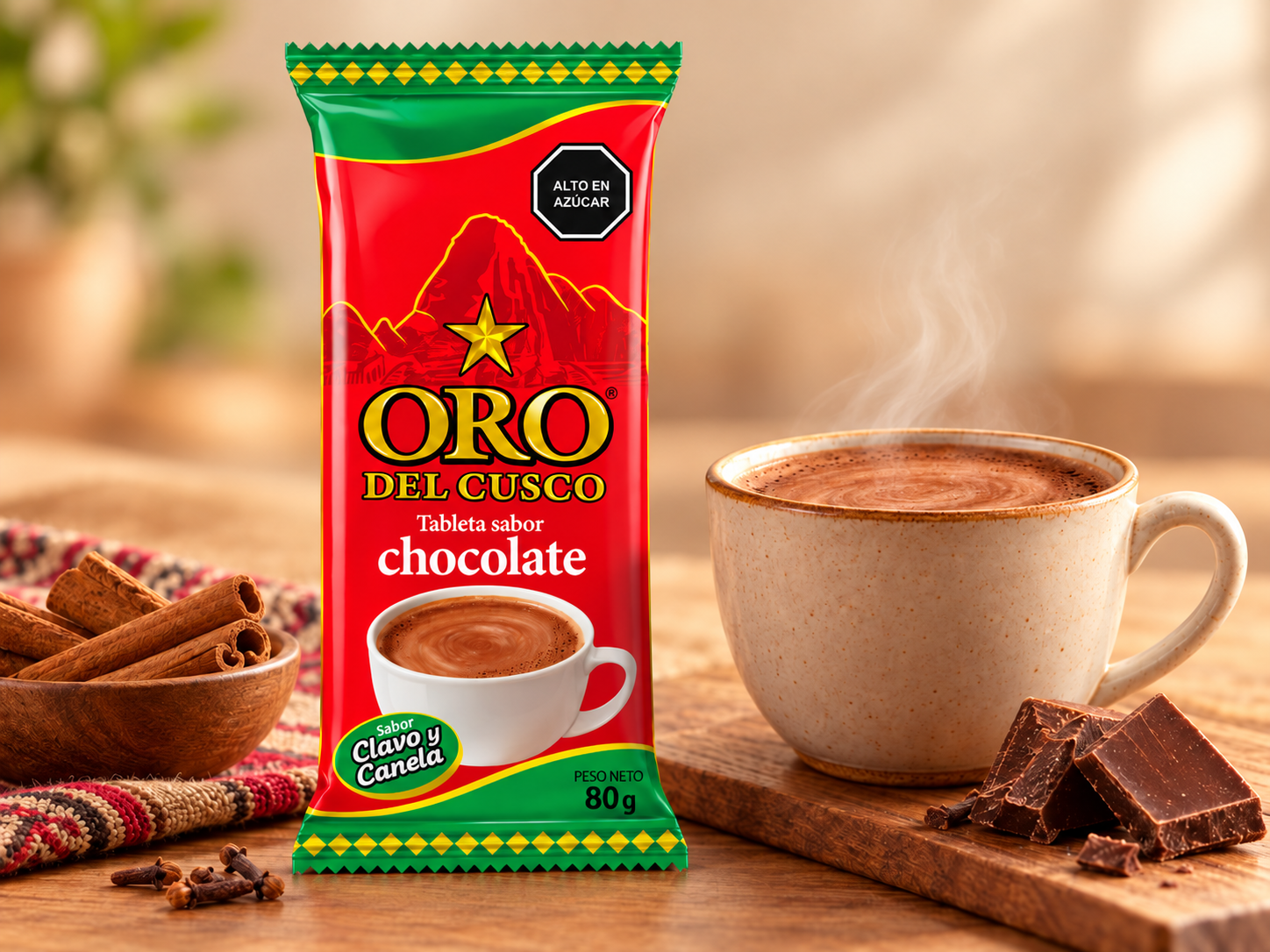 Chocolate tradicional Oro del Cusco 80 g sabor clavo y canela con taza de chocolate caliente